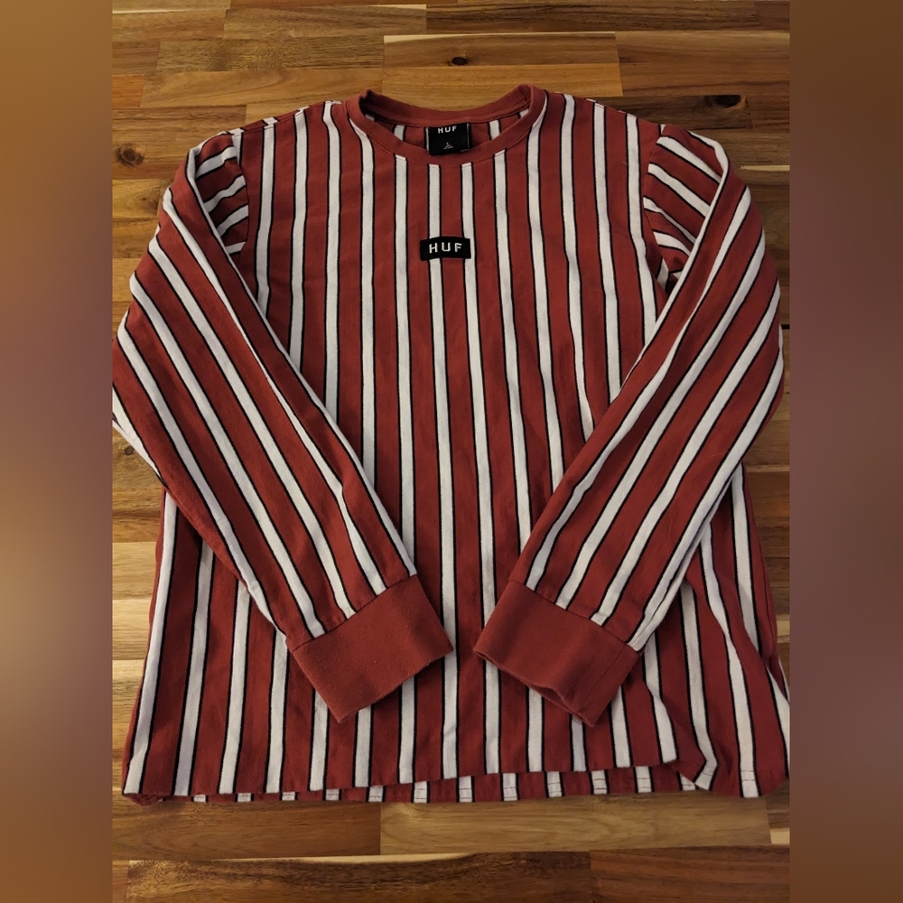 HUF burgundy and white striped long sleeve shirt